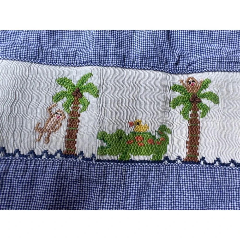 Silly Goose Boys Blue Gingham Smocked Shortall Romper Monkey Alligator Size 2